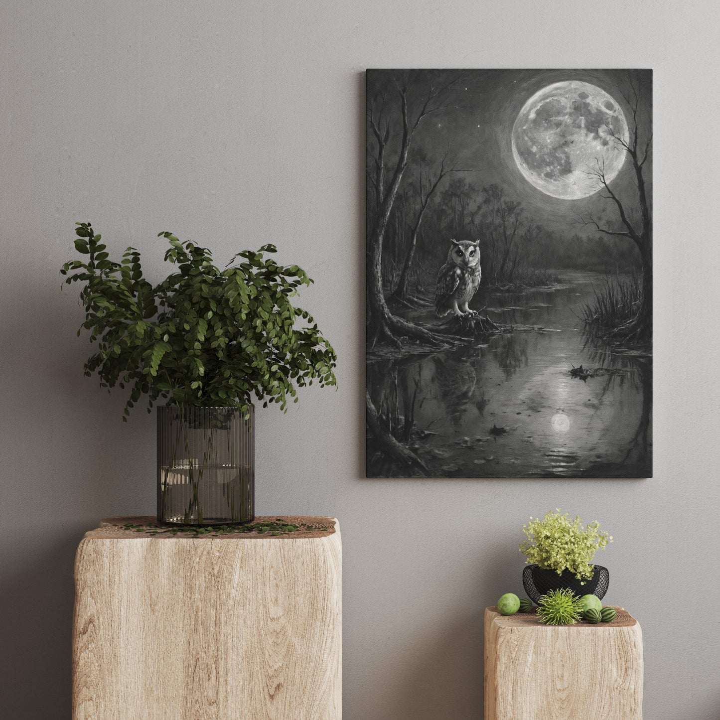 Moonlit Wisdom - Black & White Charcoal Art Print