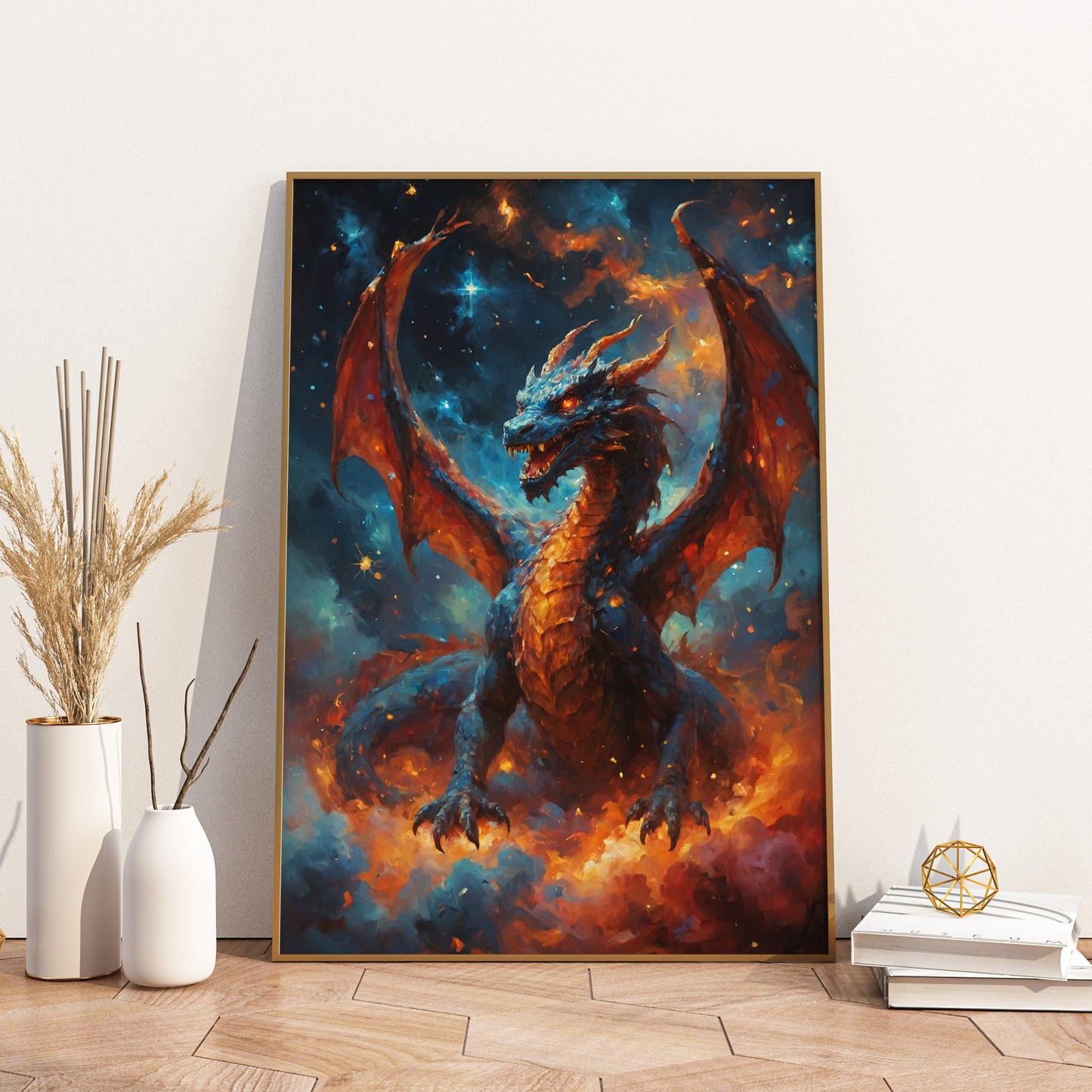 Celestial Flame Dragon - Abstract Cosmic Wall Art