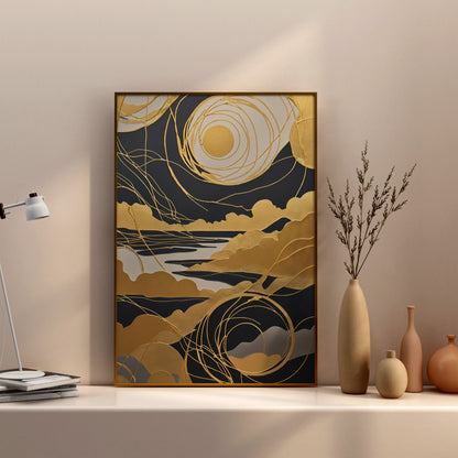 Celestial Gold Reverie - Abstract Swirl Print