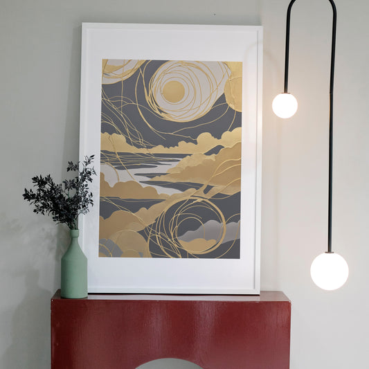 Celestial Gold Reverie - Abstract Swirl Print