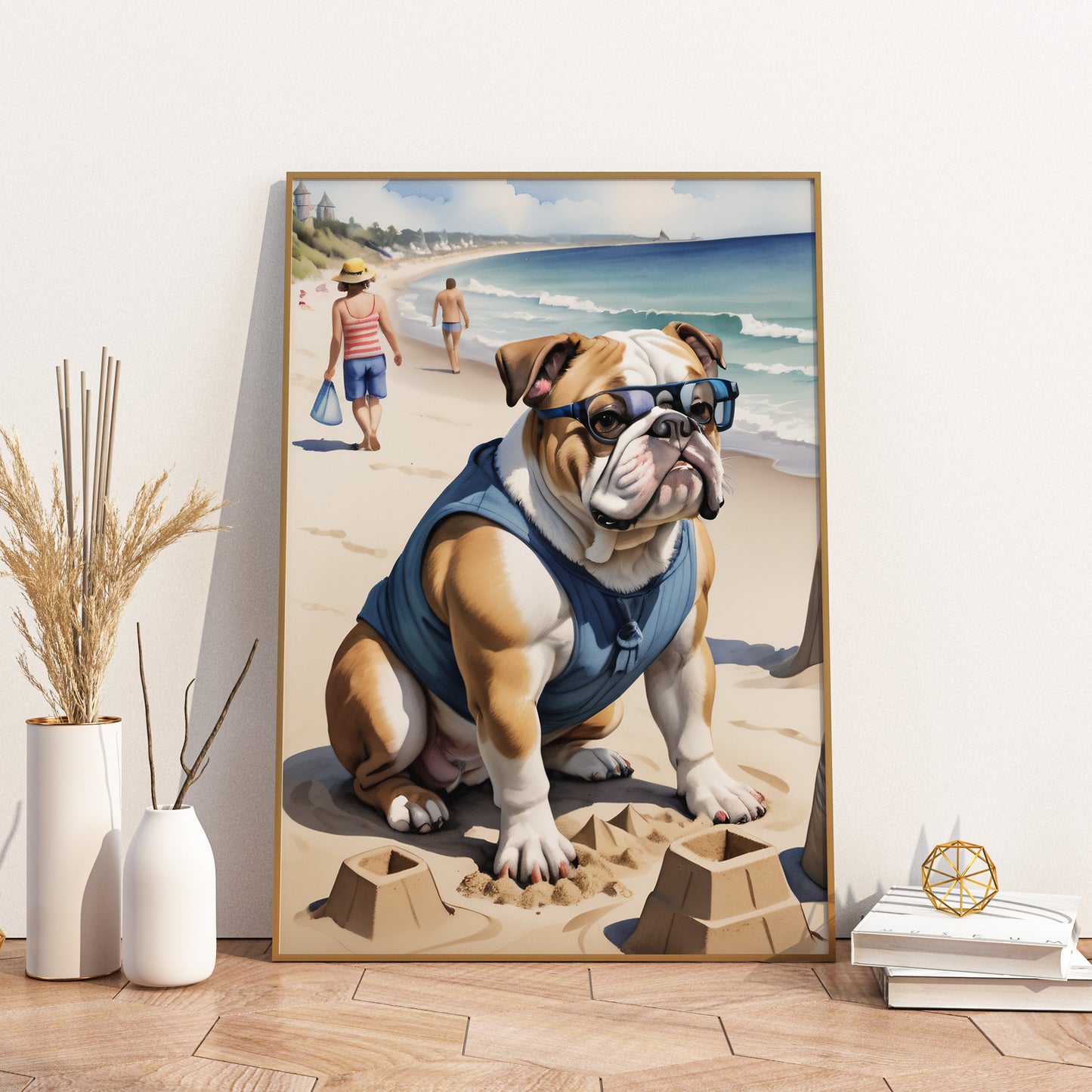 Bulldog Beach Day - Fantasy Dog Watercolor Print