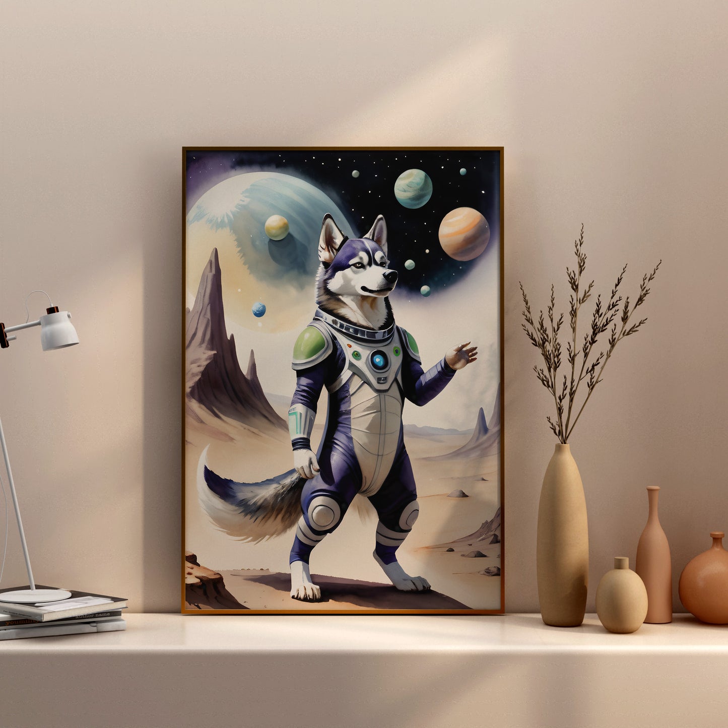 Cosmic Husky Explorer - Fantasy Dog Watercolor Print