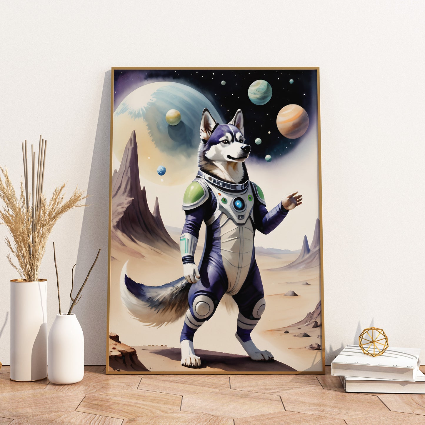 Cosmic Husky Explorer - Fantasy Dog Watercolor Print