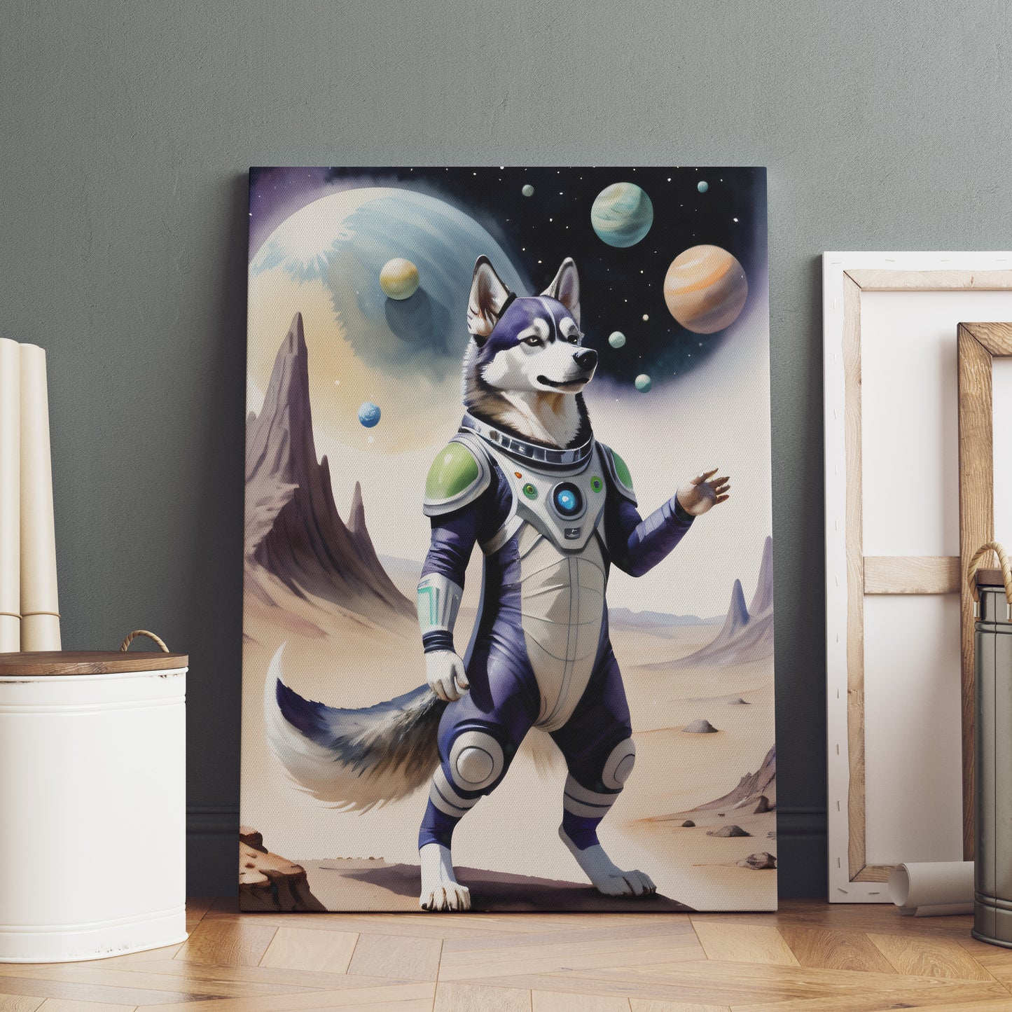 Cosmic Husky Explorer - Fantasy Dog Watercolor Print