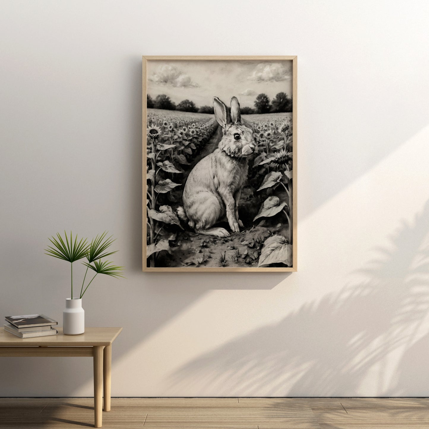 "Rabbit in Sunflowers" - Charcoal Art Print