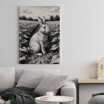 "Rabbit in Sunflowers" - Charcoal Art Print