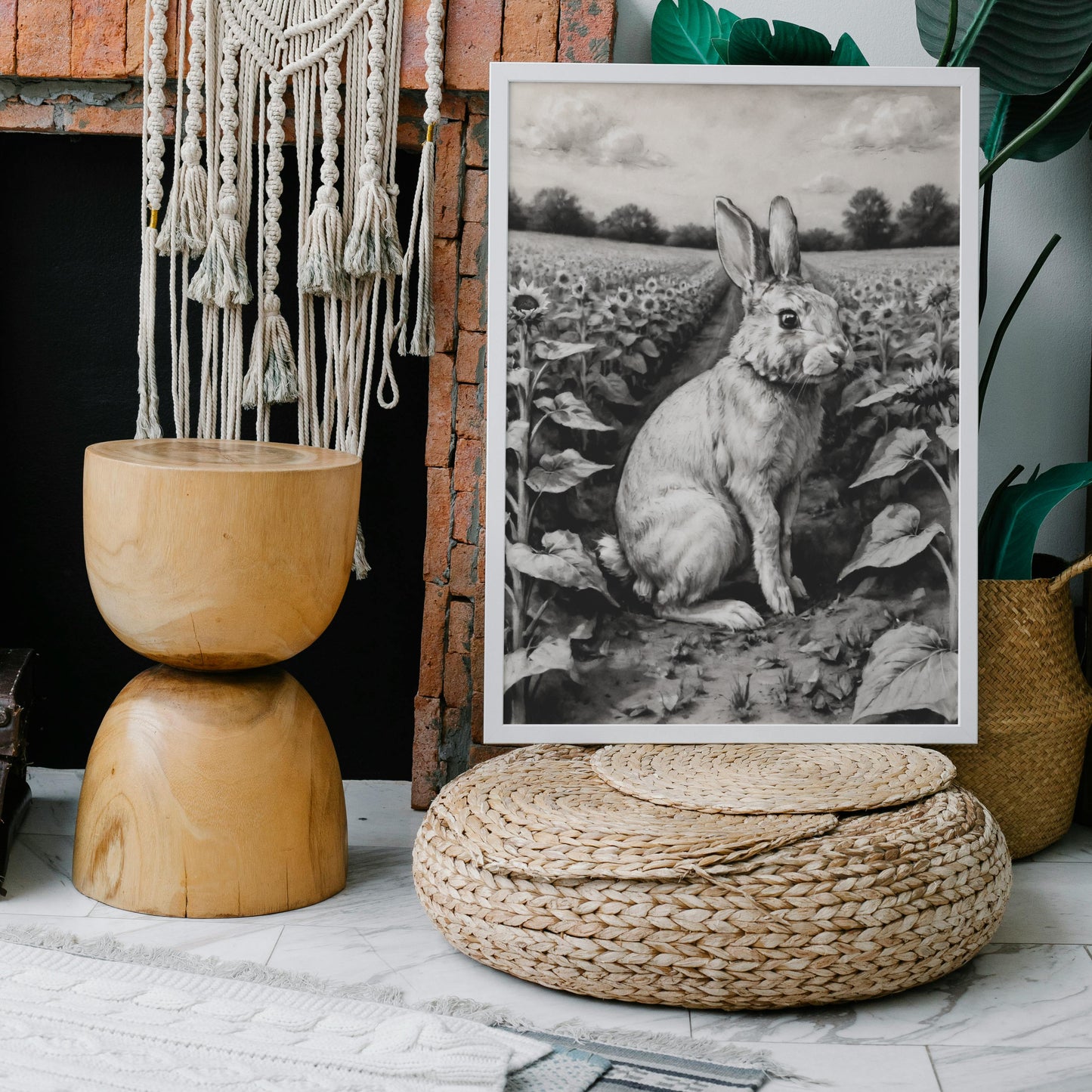 "Rabbit in Sunflowers" - Charcoal Art Print