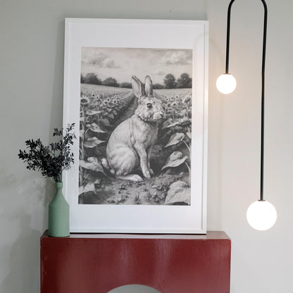 "Rabbit in Sunflowers" - Charcoal Art Print