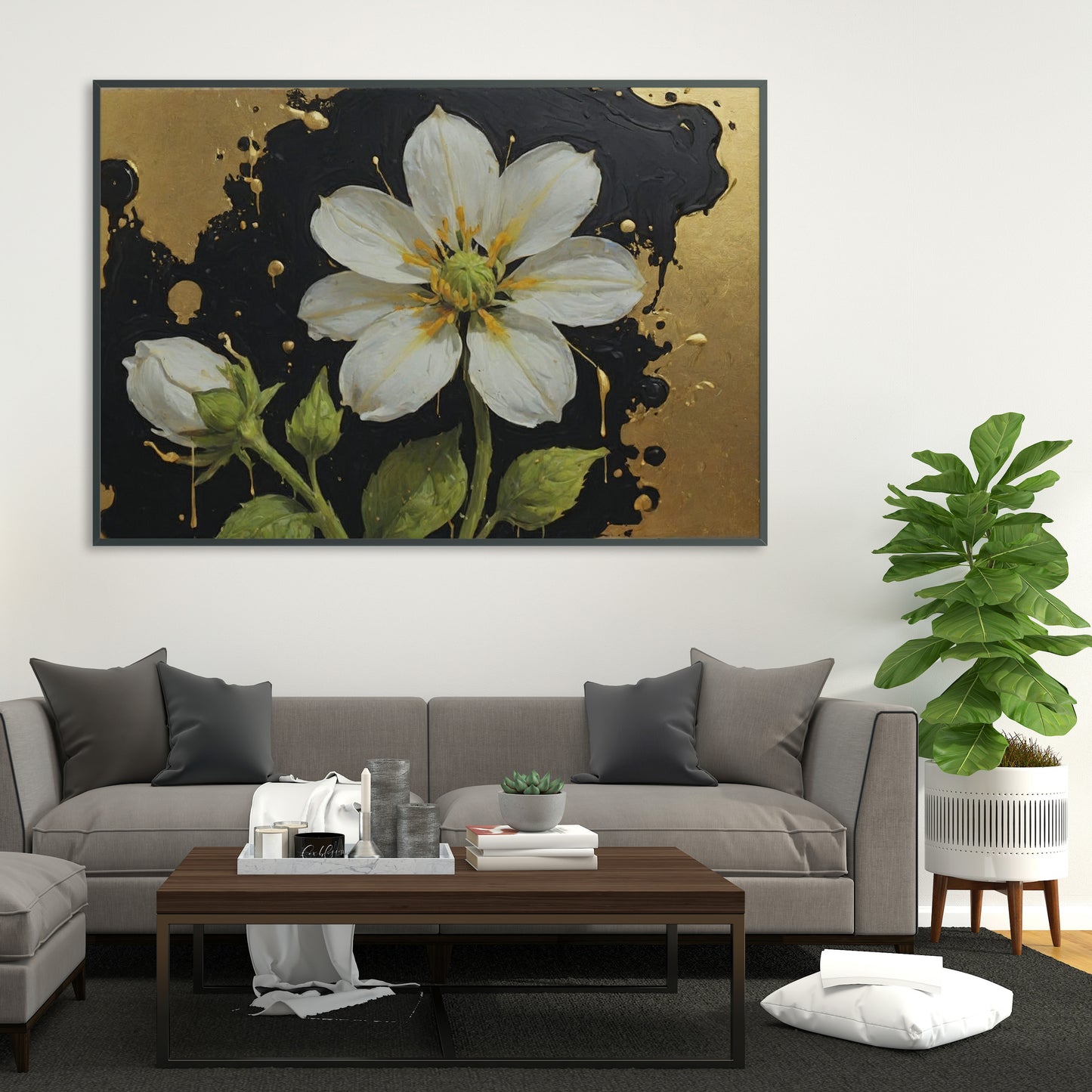 Golden Bloom Elegance - Abstract Floral Art