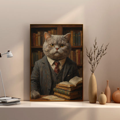 Cat Scholar's Wisdom - Oil Painting Print